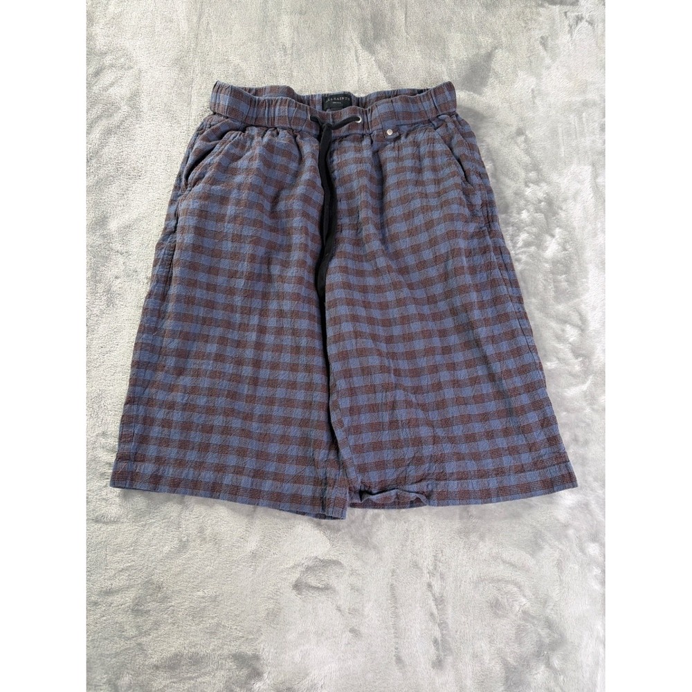 AllSaints Shorts Mens S Small Blue Brown Plaid Drawstring Casual Elastic Waist